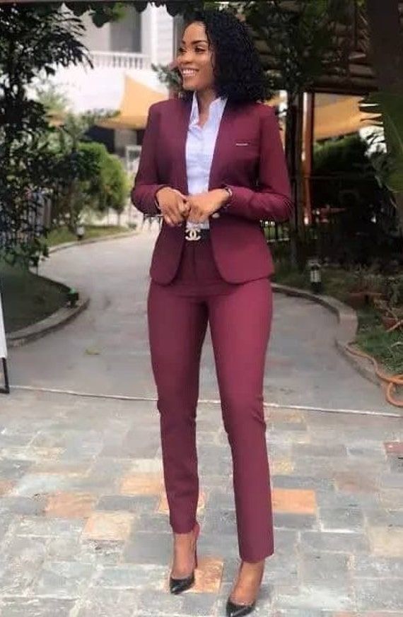 This unique Ladies burgundy colour suit is designed with high quality wool material that guarantees durability and comfort. It is suitable for all kinds of occasion and it can be worn all year round. It comes in 2 pieces (Jacket + pant), the jacket can also be worn with any pant/jeans. For custom orders, Please feel free to start a  conversation for further enquires. Your satisfaction is our priority  I hope you have a pleasurable shopping experience Trendy Work Outfit, To Start A Conversation, Business Professional Outfits, Fashionable Work Outfit, Corporate Attire, Business Outfits Women, Woman Suit Fashion, Pantsuits For Women, Elegante Casual