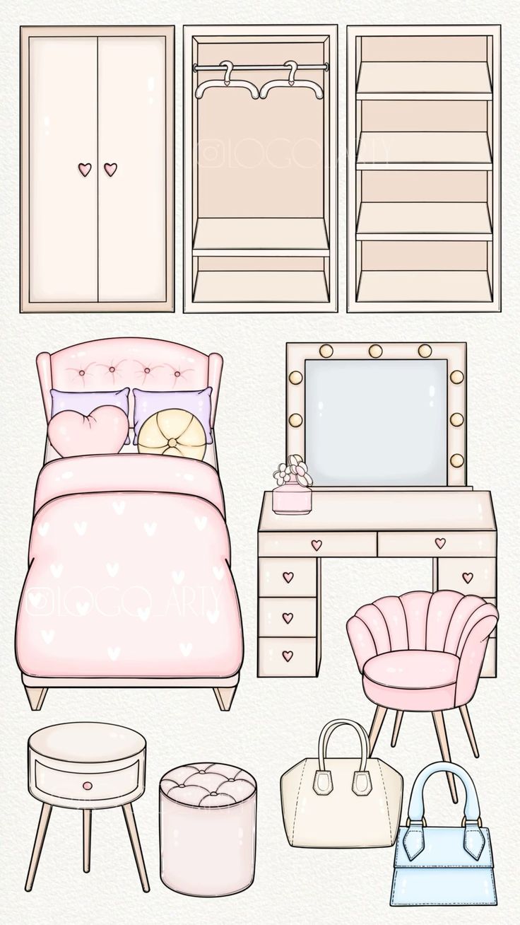 a drawing of a bedroom with furniture and accessories