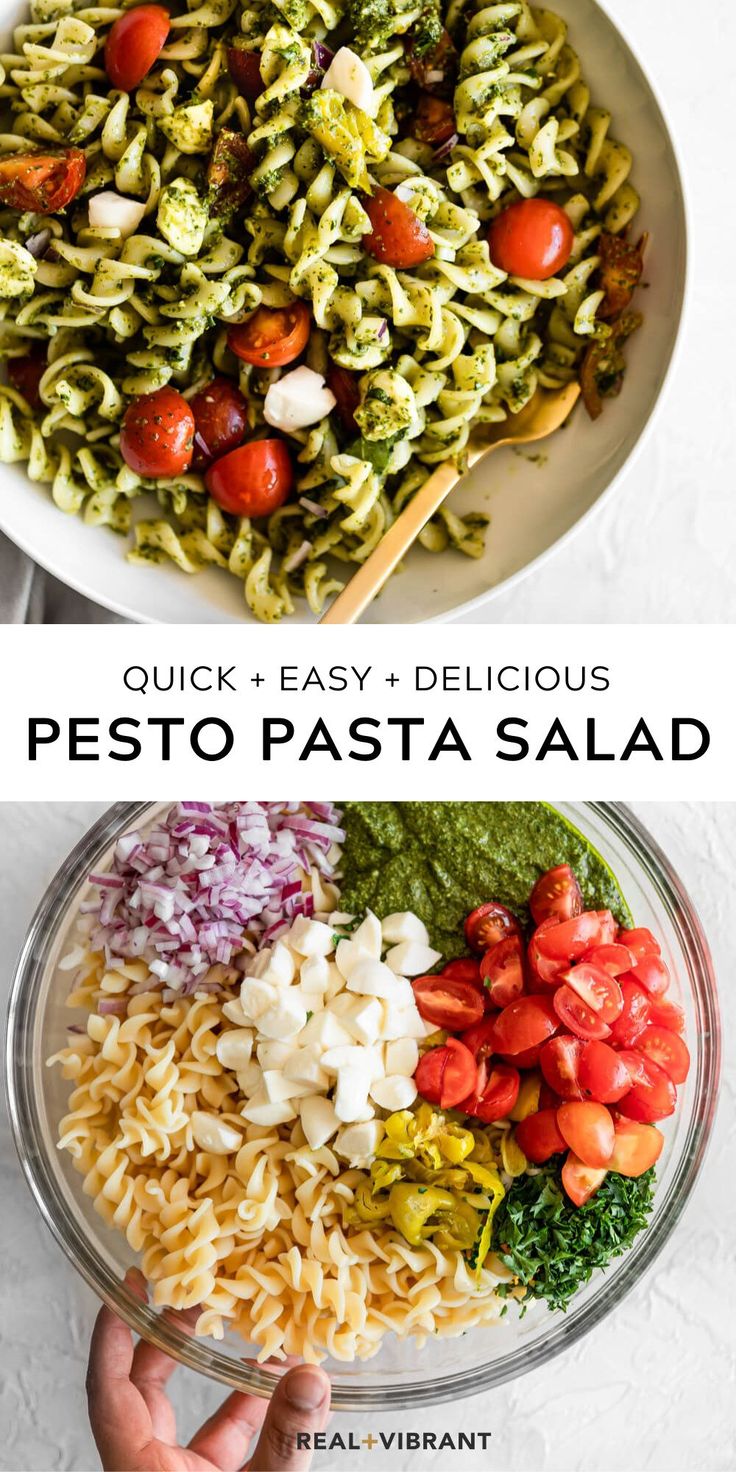 pasta salad with pesto, tomatoes and onions in a bowl next to the recipe