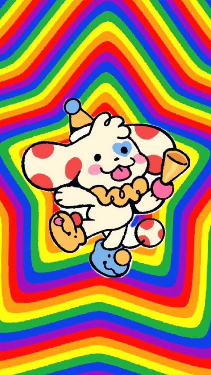 an image of a cartoon character on a colorful background with rainbows and stars in the shape of a star