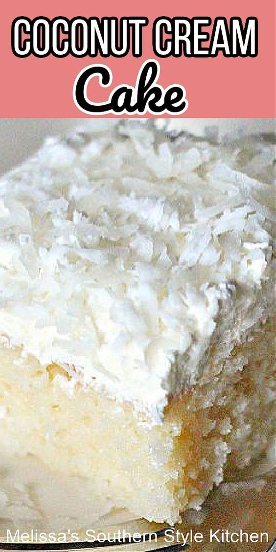 a close up of a piece of cake with coconut cream on top and the words coconut cream cake above it