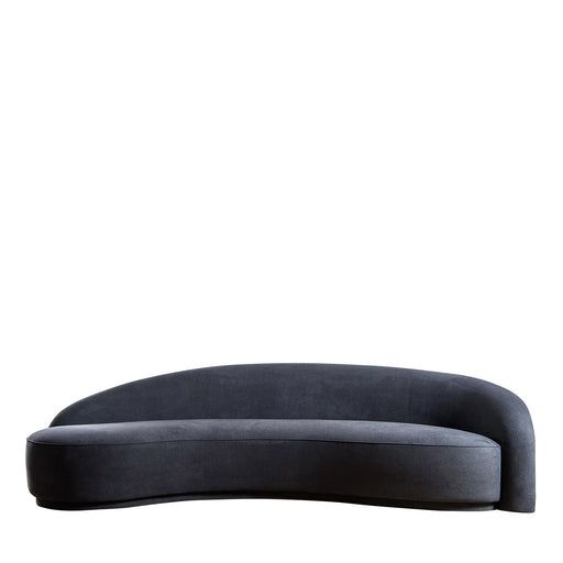 the curved sofa is black and has a white background