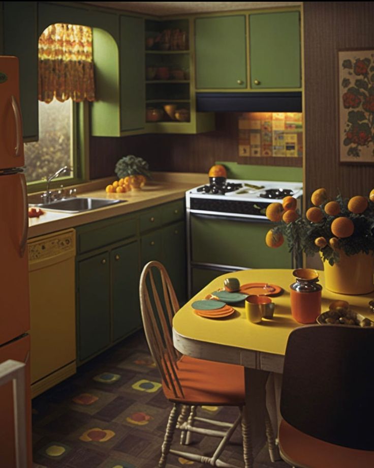 a kitchen with green cabinets and yellow table in the center, surrounded by orange chairs