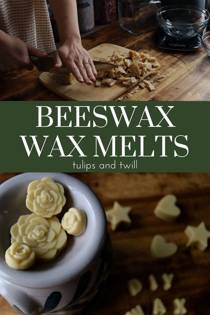 beeswax wax melts on a cutting board with the words beeswax wax melts