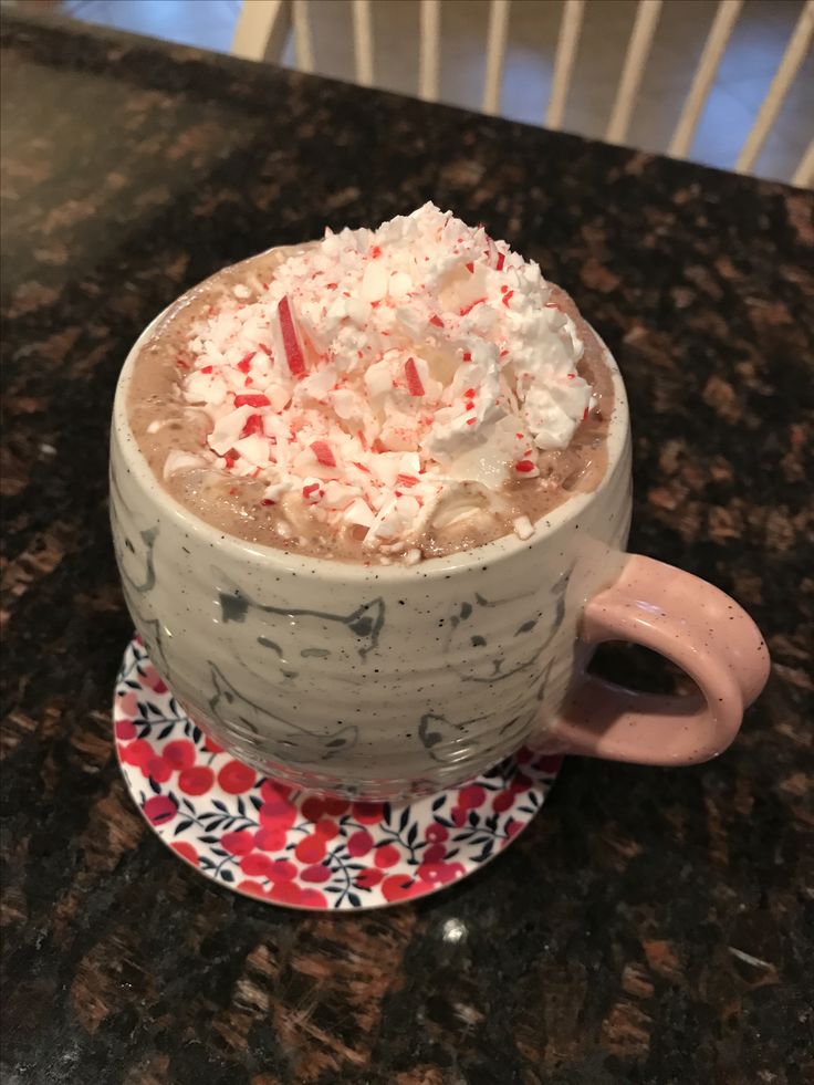 a cup of hot chocolate with whipped cream and candy canes