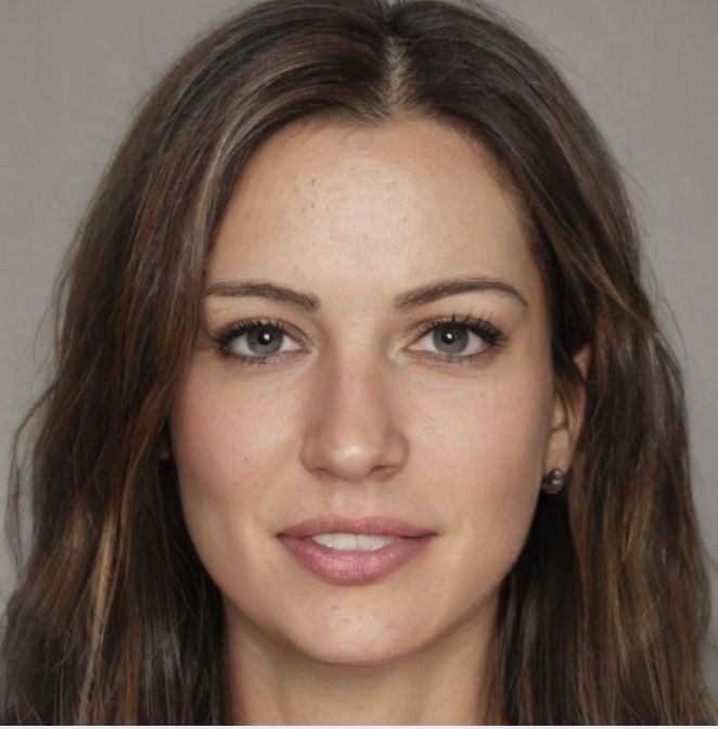 a woman with long brown hair is looking at the camera