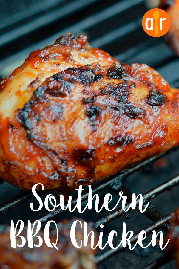 grilled chicken on the grill with text overlay that reads southern bbq chicken