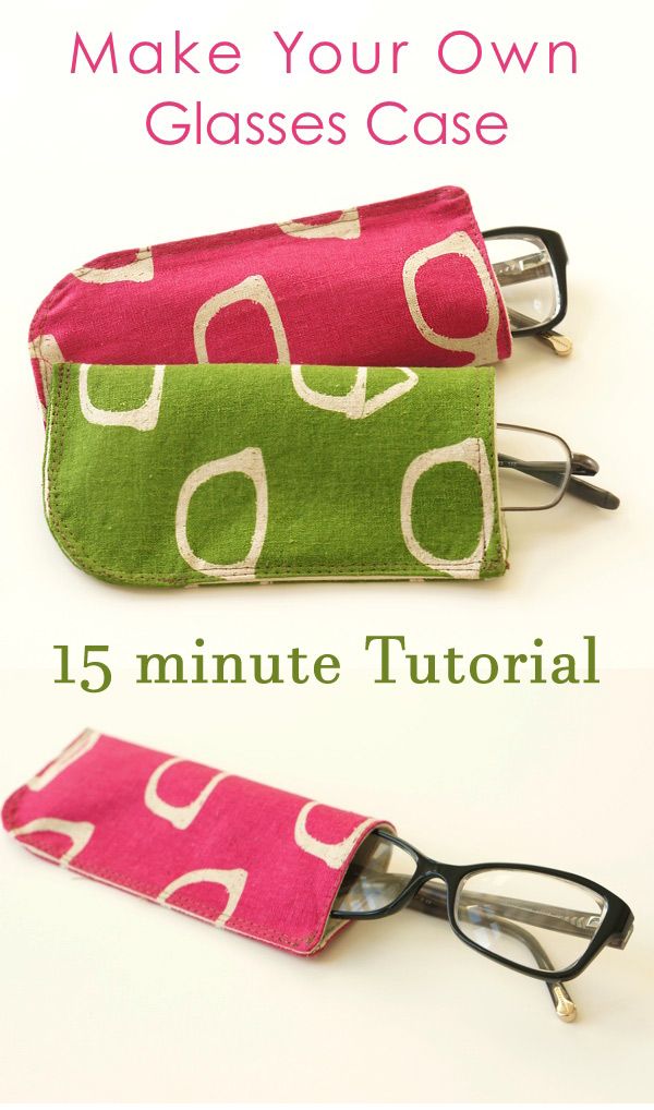 the glasses case is made from fabric and has eyeglasses in it, with text overlay that says make your own glasses case