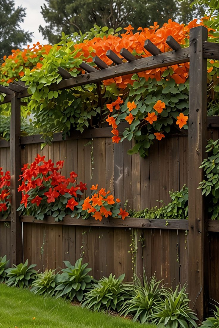 a wooden fence with flowers growing on it