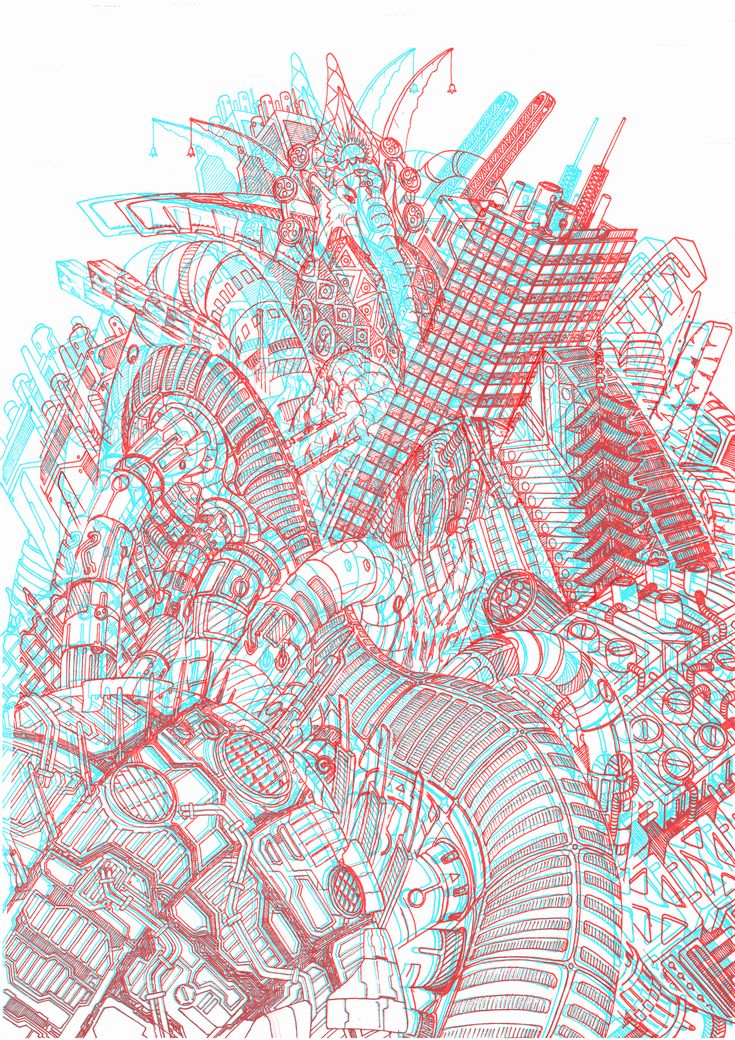 an abstract drawing of many different objects in red and blue