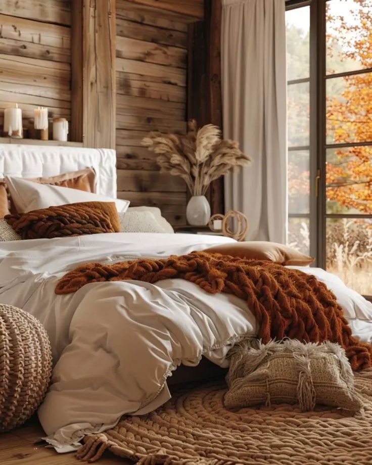 a bed with white linens and brown pillows in a rustic style bedroom, surrounded by wood paneled walls