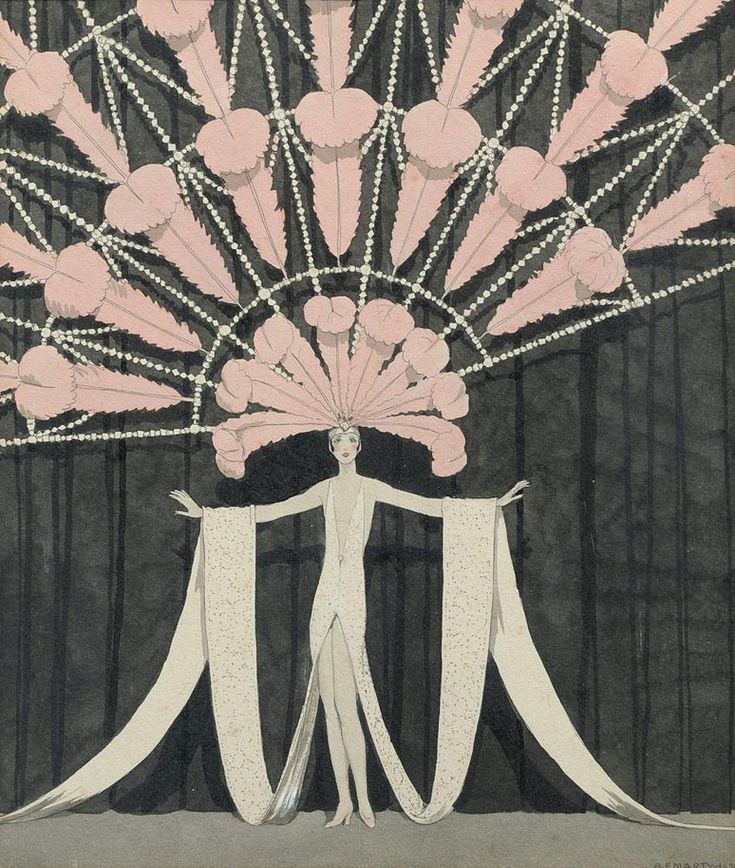 a drawing of a woman standing in front of a large fan with pink flowers on it