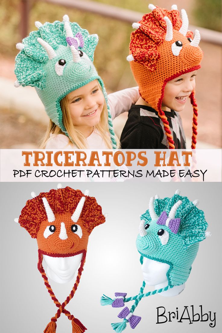 two girls wearing knitted hats with horns on them and the words tricratos hat