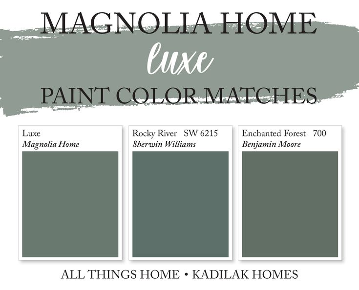 the magnolia home paint color match is shown in three shades, including gray and green