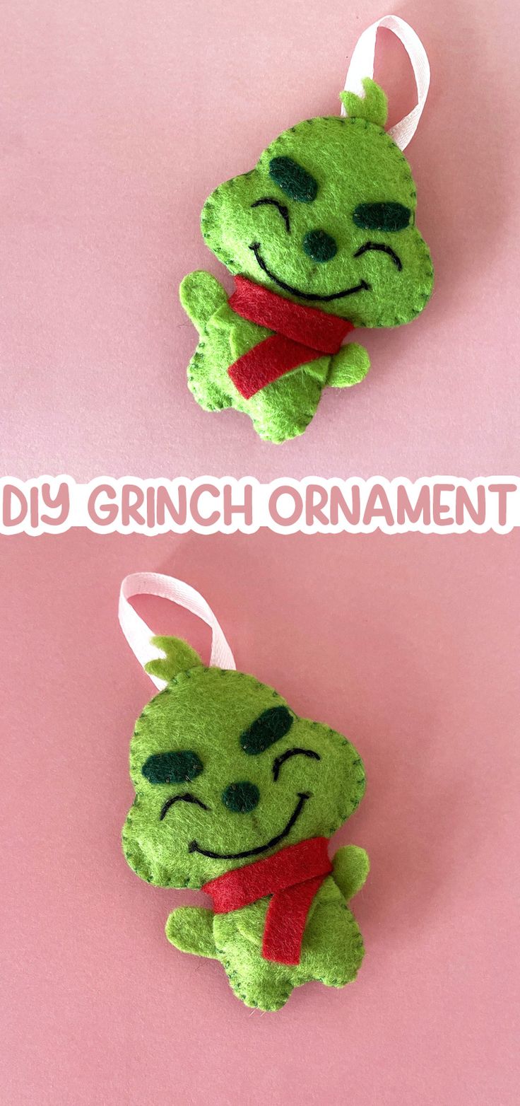 two pictures of the grinch ornament hanging on a pink background