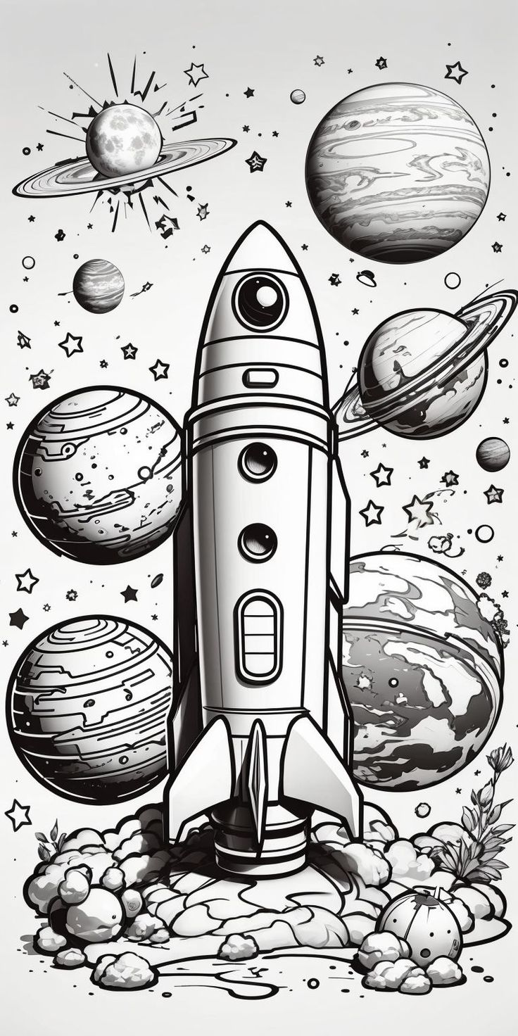 a black and white drawing of a rocket with planets around it