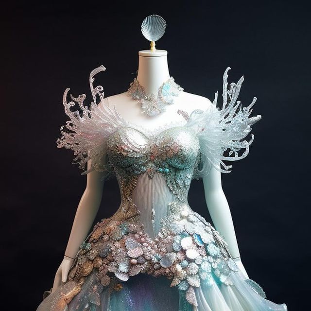 Ocean Inspired Corset, Ocean Inspired Costume, Atlantis Inspired Outfits, Ocean Inspired Dress Gowns, Water Fashion Design, Ocean Dress Design, Ocean Corset, Plastic Dress Recycled, Mermaid Inspired Fashion