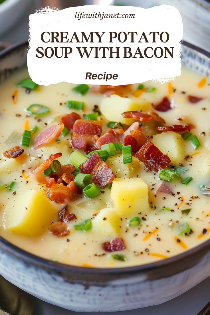 creamy potato soup with bacon in a bowl