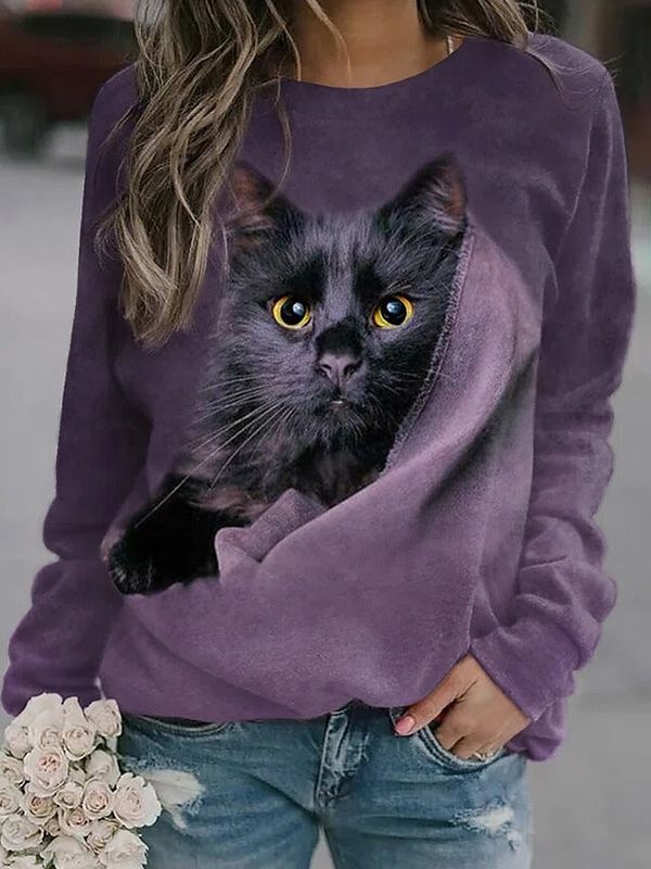 Purple Casual Graphic Tops Round Neck Long Sleeve Cat Printed Sweatshirts Winter Cat, Puppy Prints, Purple Cat, Comfortable Sweater, Cat Sweatshirt, Round Neck Sweaters, Belleza Natural, Print Pullover, Cat Print