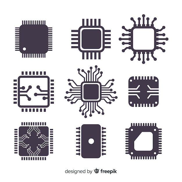 the electronic components are shown in black and white, including an image of a circuit board