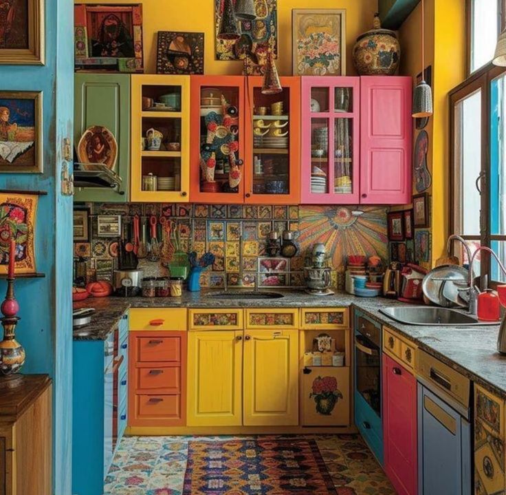 colorful kitchen with lots of cupboards and pictures on the wall