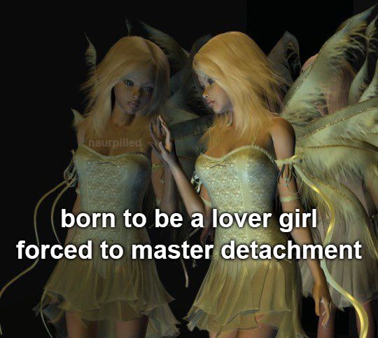 two beautiful women dressed in yellow dresses with angel wings and text that reads, born to be a lover girl forced to master detachment