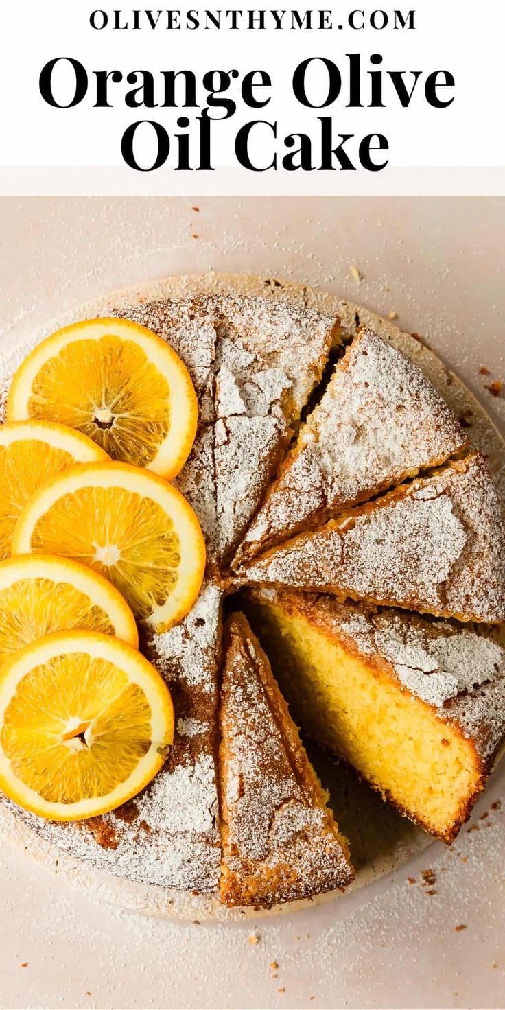 orange olive oil cake on a plate with slices cut out