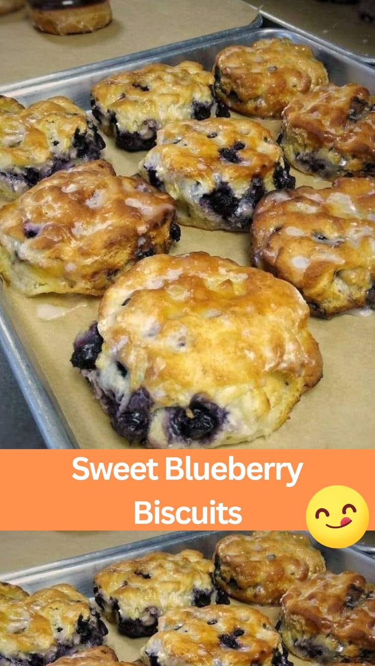 sweet blueberry biscuits on a baking sheet with the words, sweet blueberry biscuits