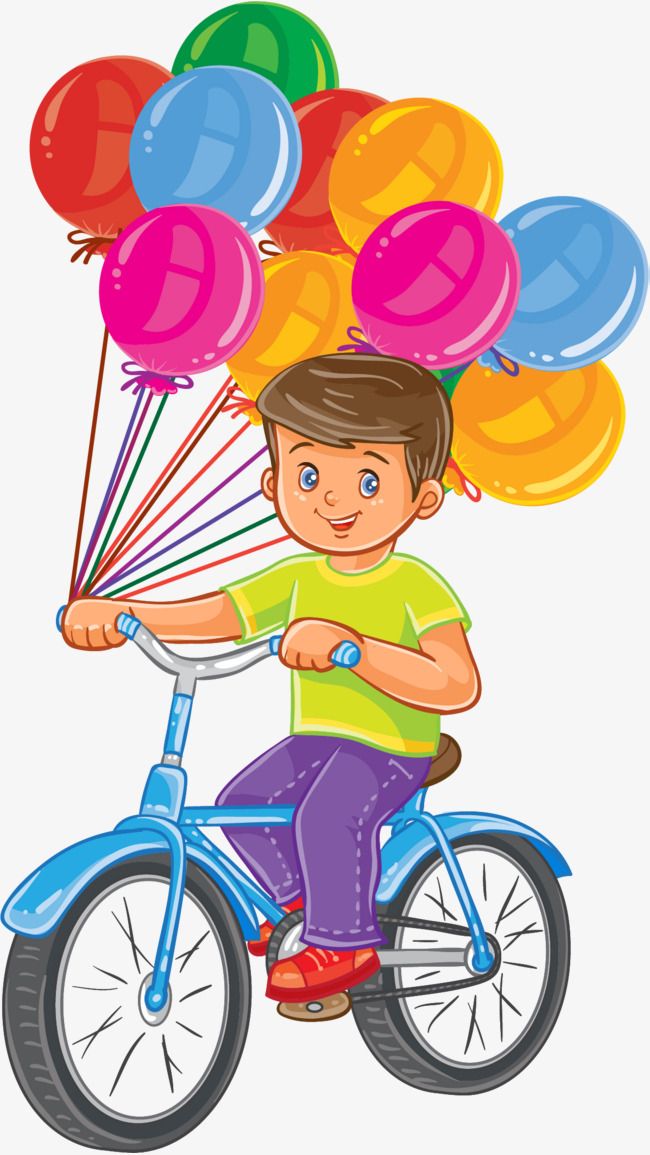 a boy riding a bike with balloons on the back