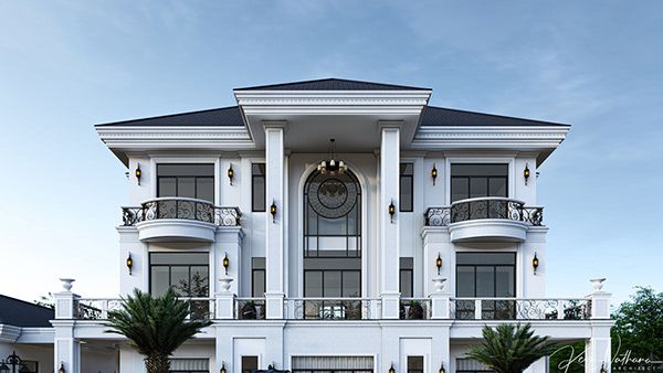 a large white house with lots of windows and balconies