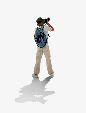 a man with a backpack and camera in his hand is looking into the distance on a white background