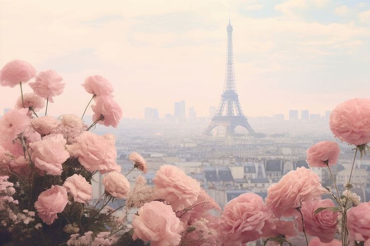 pink flowers in front of the eiffel tower with paris in the back ground