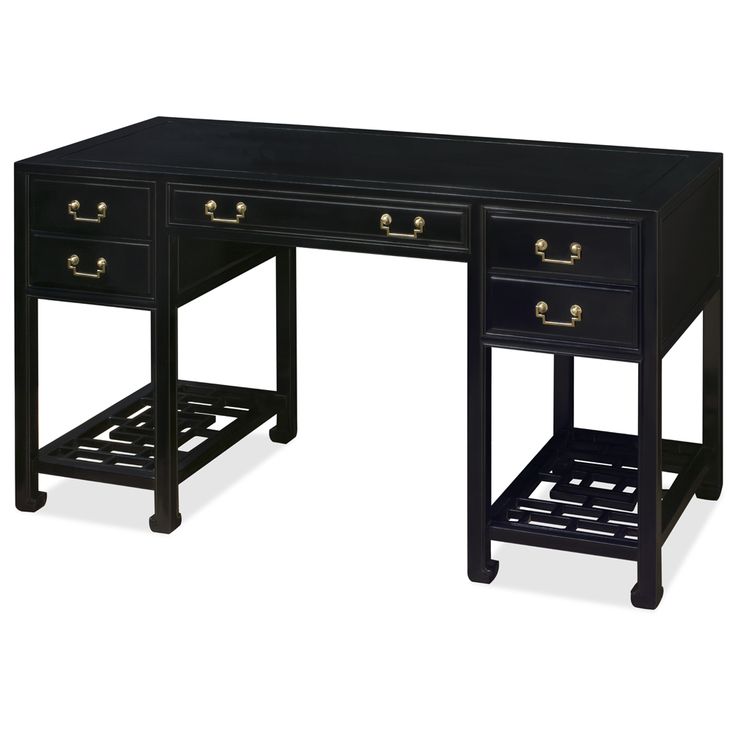 a black desk with two drawers on one side and an open drawer on the other