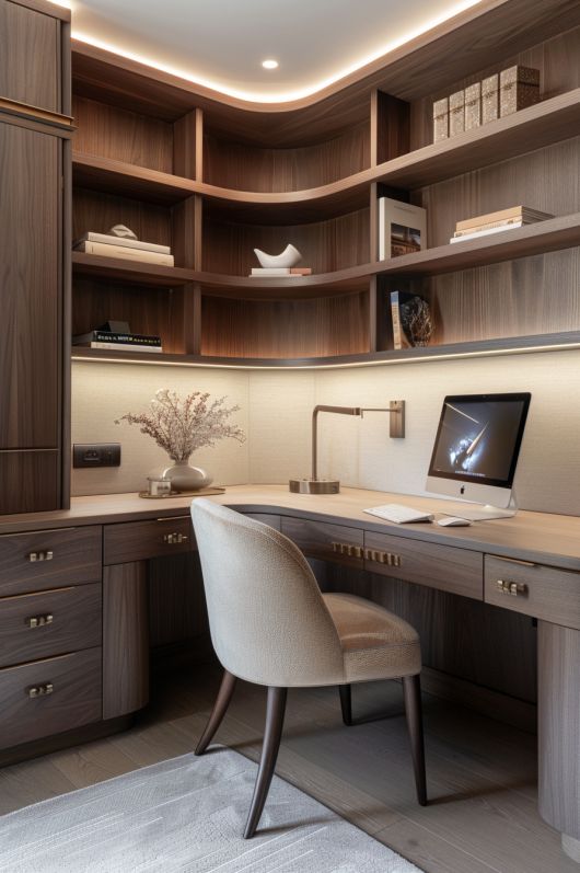 a home office with built - in shelving, desk and chair