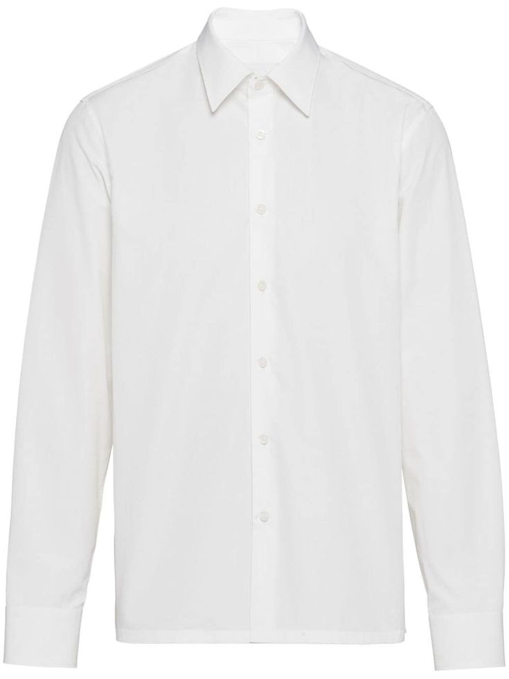 long-sleeved shirt from PRADA featuring white, cotton, triangle logo, classic collar, front button placket, long sleeves, buttoned cuffs and straight hem. Dress Shirt Men, Prada Dress, Prada Triangle, City Shorts, Camisa Social, Versace Outfit, Balenciaga Triple S, Triangle Logo, Summer Beach Wear