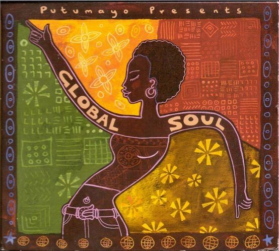 a painting of a woman dancing with her arms in the air and words global soul written on it