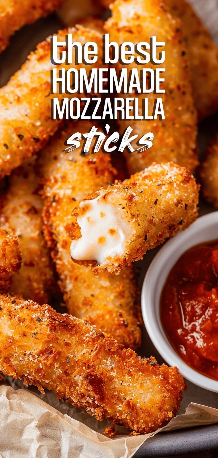 the best homemade mozzarella sticks with marinara sauce on top are ready to be eaten