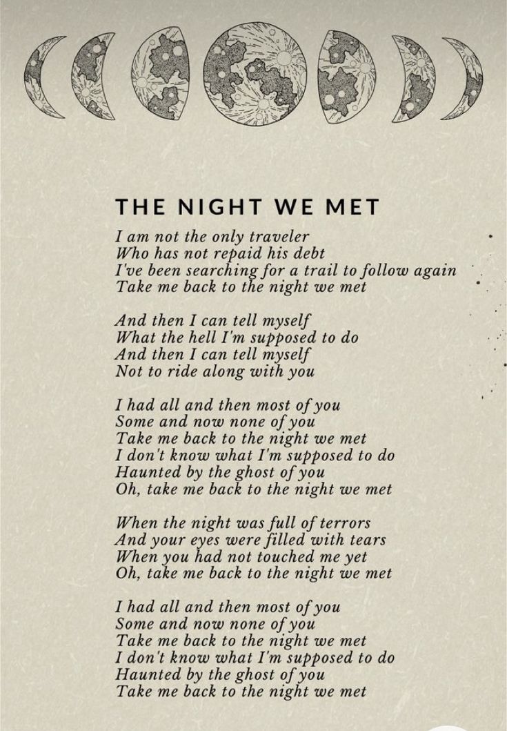 the night we met poem written in black and white with an image of moon phases