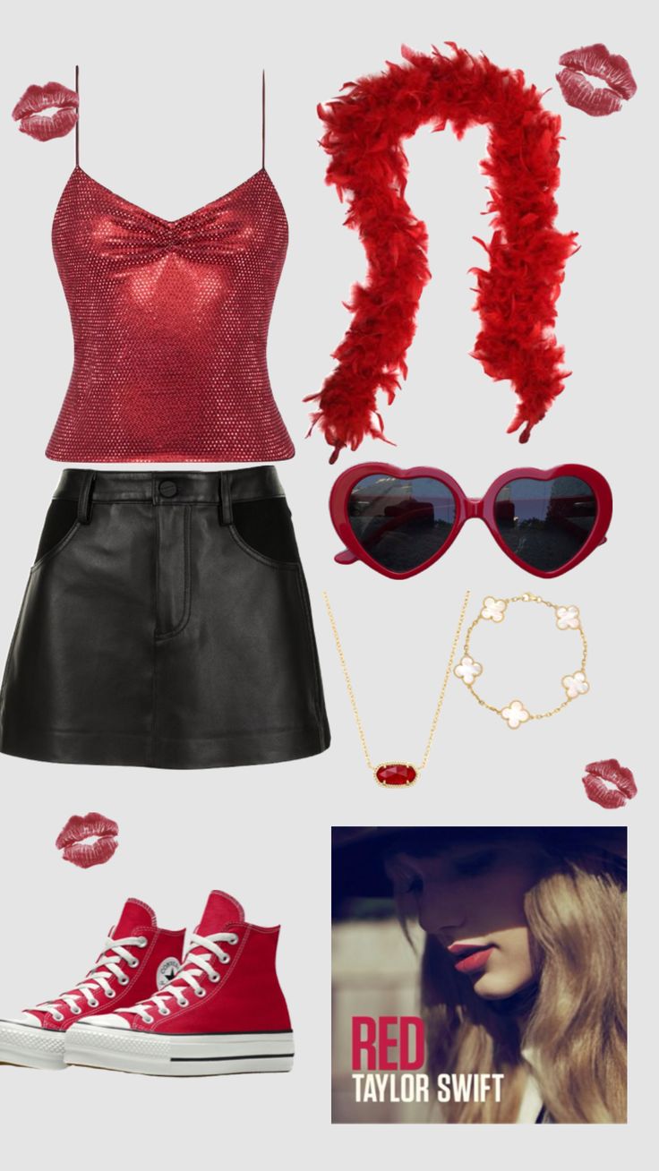 a red top and black leather skirt are featured in this fashion postcard for taylor swift