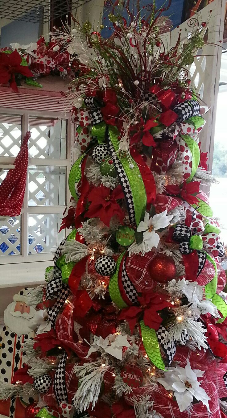 a christmas tree decorated with red, green and white ornaments