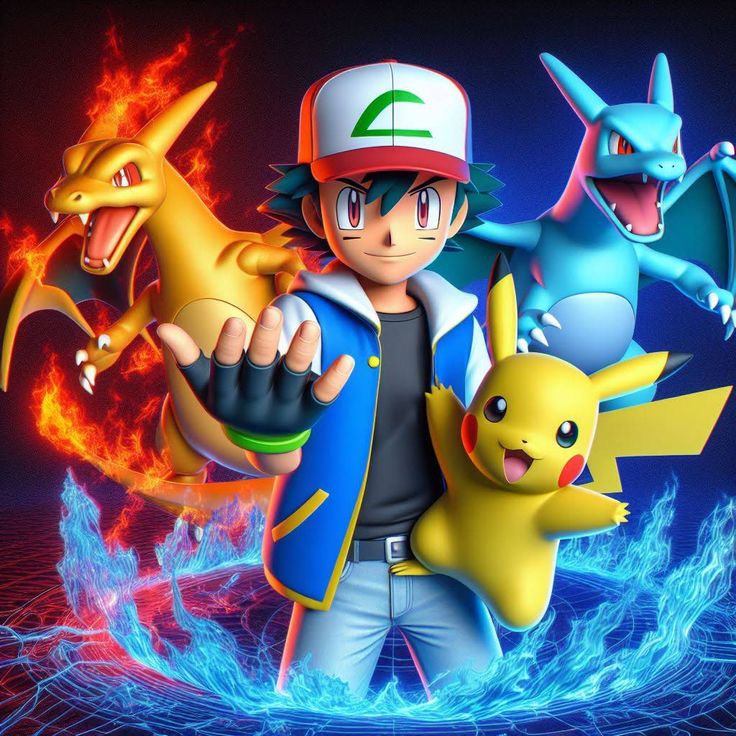 pokemon and pikachu in front of fire with their arms out to the side