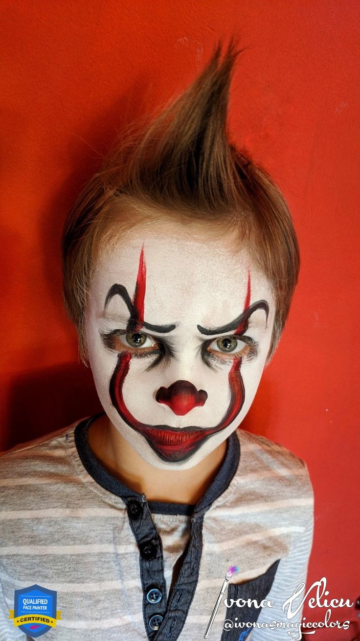 Scary Clown Make Up For Boys, Scary Kids Face Paint, Easy Clown Makeup For Kids Boys, Halloween Boy Face Paint, Easy Halloween Facepainting, Clown Makeup Boys For Kids, Kid Halloween Face Paint, Halloween Face Paint Boys, Kids Clown Face Paint