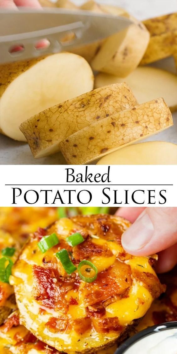 baked potato slices with cheese and green onions in the foreground are two images, one is