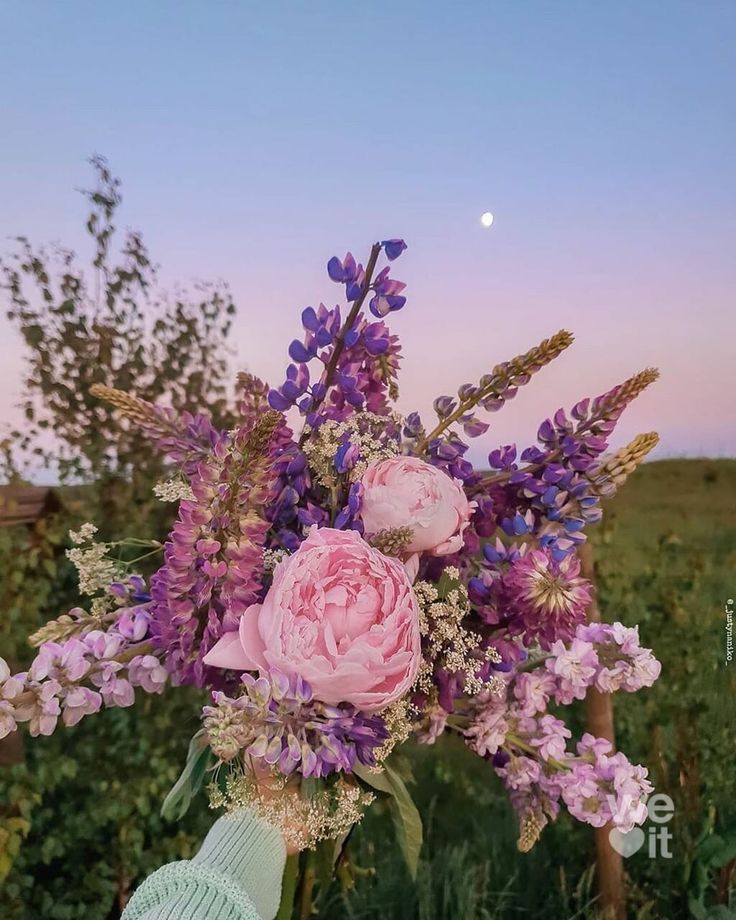 a vase filled with lots of purple flowers on top of a wooden table in front of a field