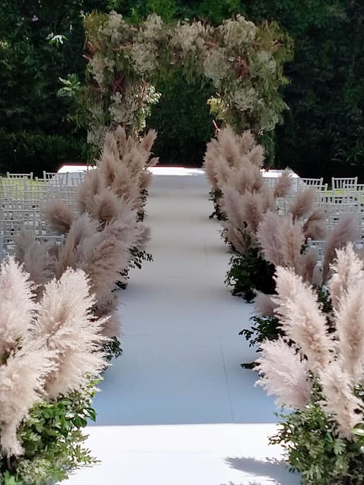 an outdoor ceremony with white chairs and tall pink flowers on the aisle, surrounded by greenery