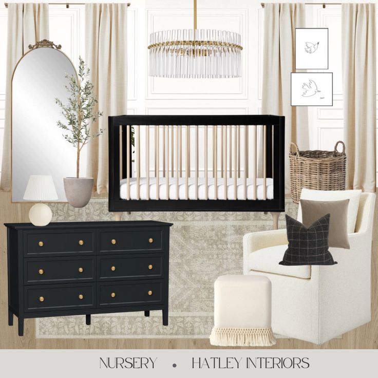 a baby's nursery with white furniture and neutral colors, including a black crib