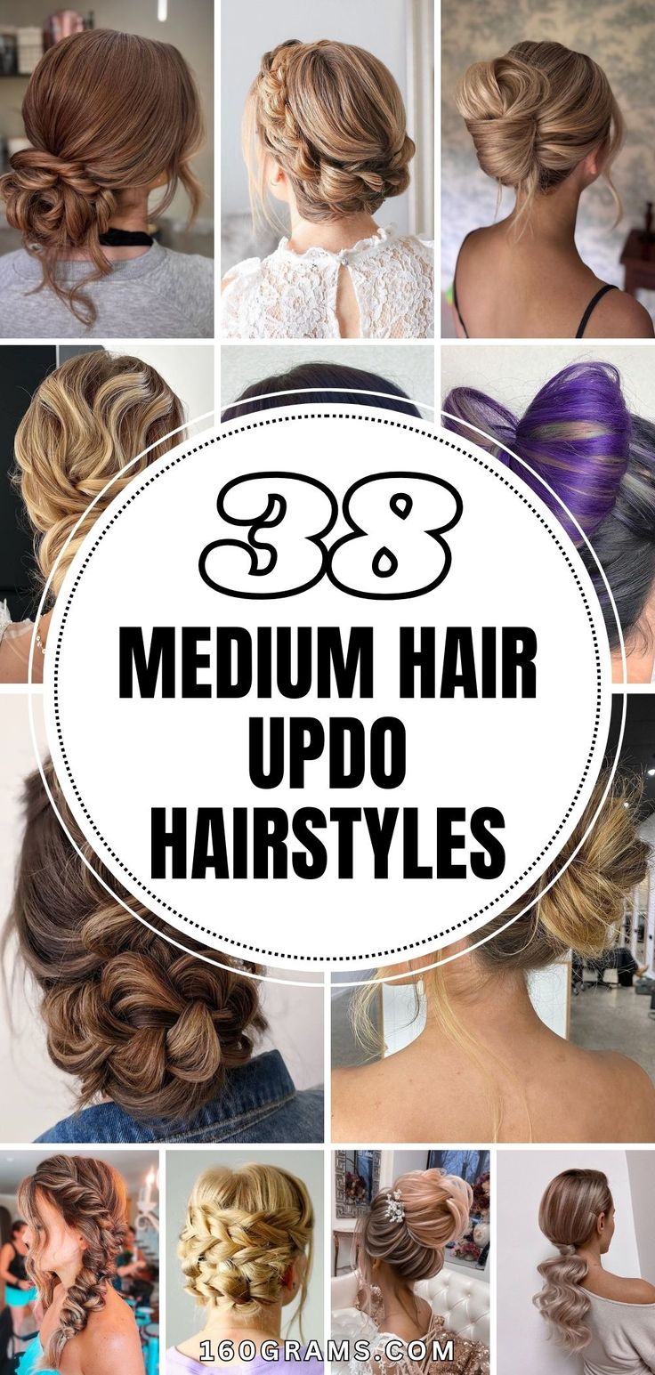 Save this pin for a collection of modern and chic medium hair updos you'll absolutely love! Perfect for any occasion, these updos will take your hairstyle game to the next level. #MediumHairUpdos #HairInspo #FashionBlog Updo With No Part, Homecoming Hairdos For Medium Hair, Side Hair Updos For Medium Hair, Updos For Long Hair Wedding Bridesmaid, Bridesmaid Updo For Shoulder Length Hair, Loose Updo Medium Length Hair, Med Hair Updos Easy, Updo Hairstyles For Parties, Hair Do For Formal Event