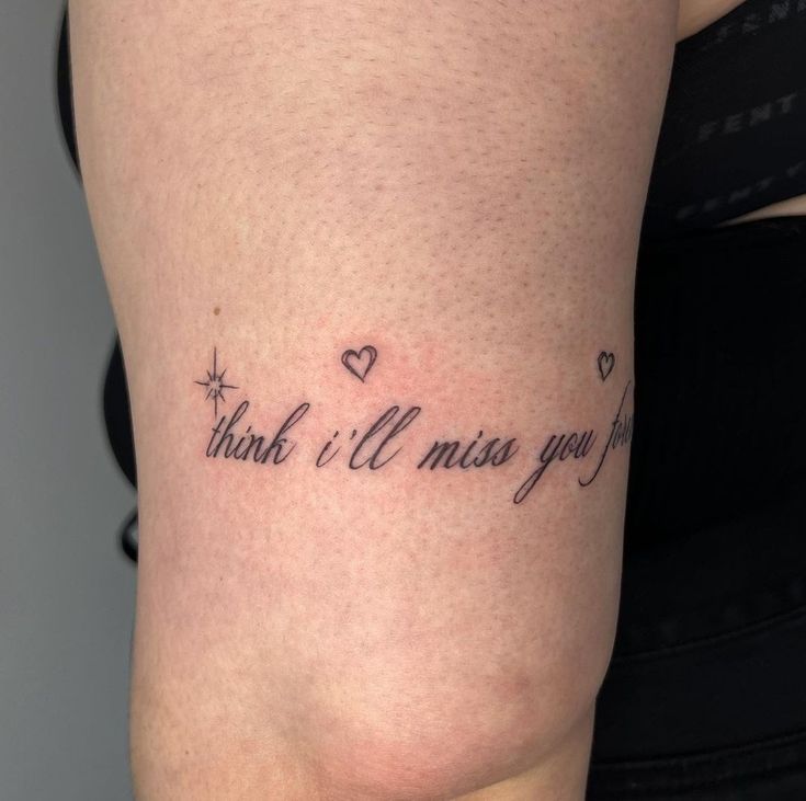 a woman's leg with a tattoo saying thank i miss you