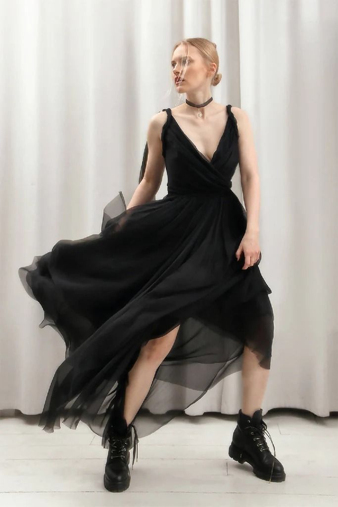 Chiffon Black Dress | NOT JUST A LABEL Pre-draped Georgette Evening Dress, Flowy Pre-draped Evening Dress For Party, Pre-draped Chiffon Gala Dresses, Pre-draped Georgette Wedding Dress, Pre-draped Georgette Gala Gown, Pre-draped Georgette Gown For Gala, Flowy Pre-draped Evening Dress, Pre-draped Organza Evening Gown, Formal Black Silk Chiffon Maxi Dress