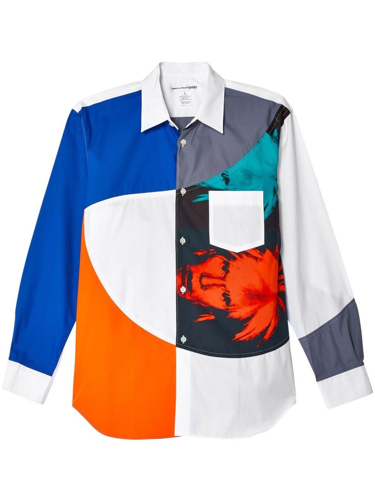 a shirt with an orange and blue design on it